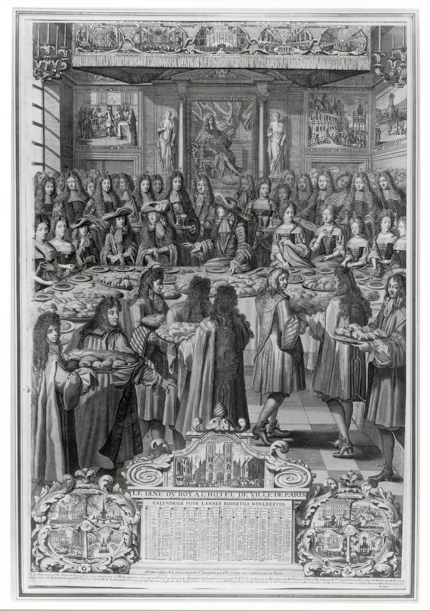 Abendessen von Ludwig XIV. (1638-1715) im Hotel de Ville, 30. Januar 1687, aus dem Kalender des Jahres 1688 von French School