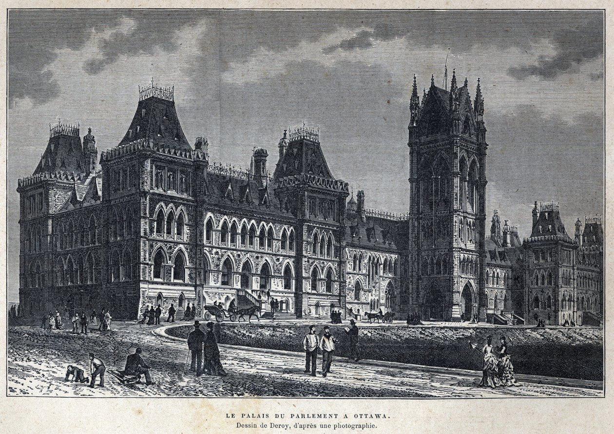 Entdeckung Kanadas: Das Parlamentsgebäude in Ottawa. Zeichnung von Deroy nach einer Fotografie. Gravur aus dem späten 19. Jahrhundert in La Nouvelle France von Eugene Guenin von French School