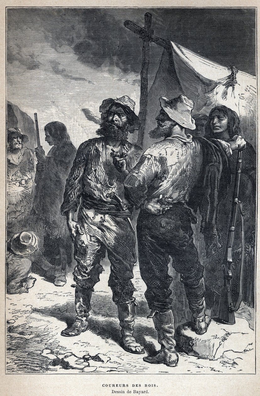 Entdeckung Kanadas: Coureur des Bois (beteiligt am Pelzhandel mit den Ureinwohnern). Zeichnung von Bayard. Gravur aus dem späten 19. Jahrhundert in La Nouvelle France von Eugene Guenin von French School