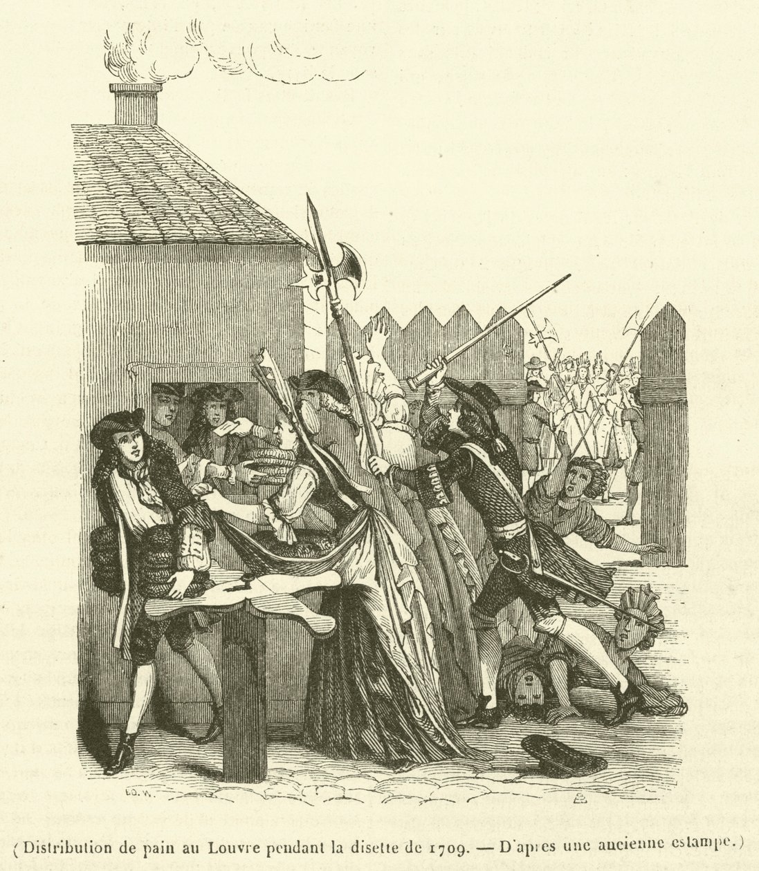 Brotverteilung im Louvre während der Hungersnot von 1709 (Gravur) von French School