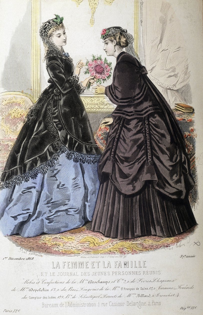 Kleider und Frisuren - in „La femme et la famille et le journal des Jeunes personnes réunis“ vom 01/12/1868 von French School