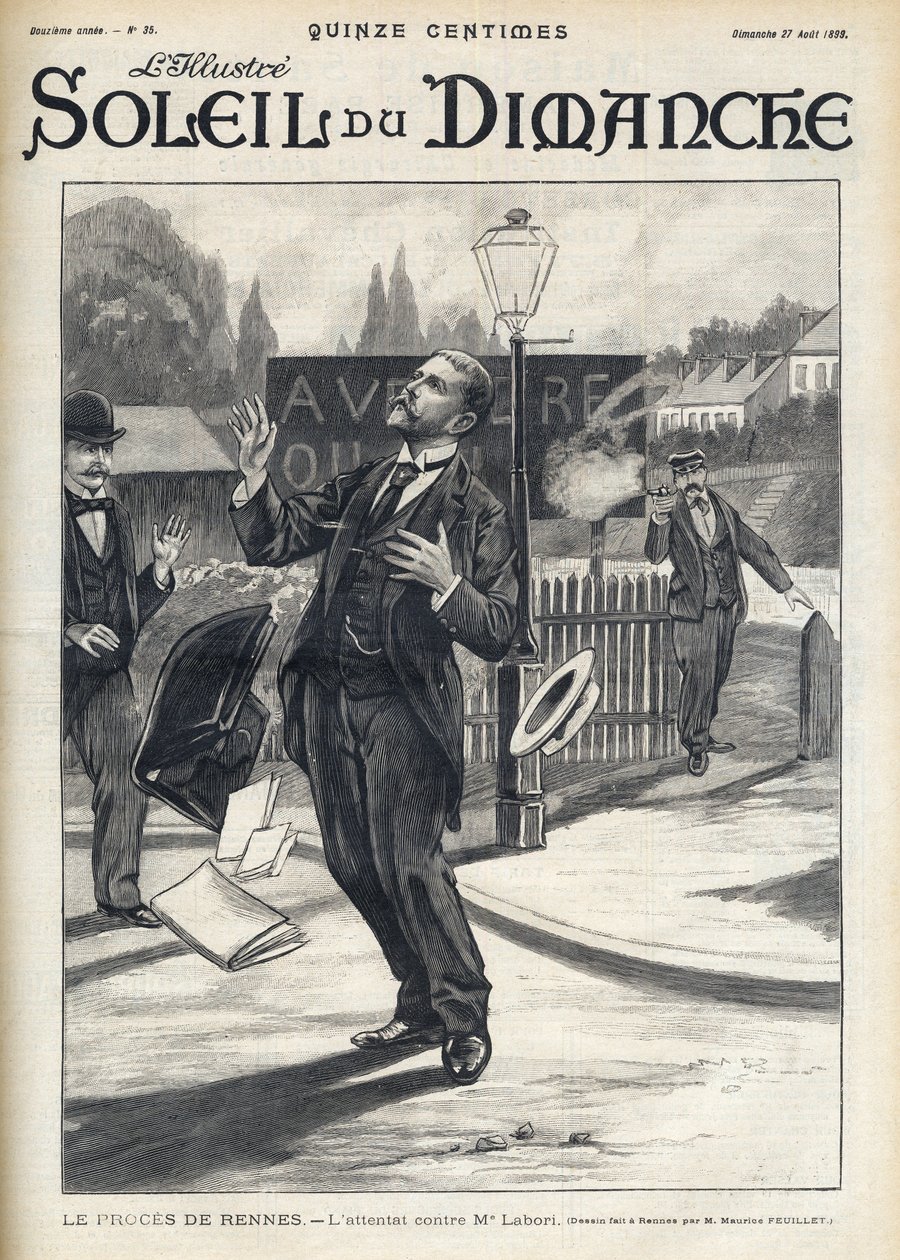 Dreyfus-Affäre - Mordversuch an Maitre Labori während des Rennes-Prozesses - Angriff auf Herrn Fernand Labori (1860-1917), Verteidiger von Alfred Dreyfus (1859-1935), in Rennes auf dem Weg zum Gerichtssaal von French School