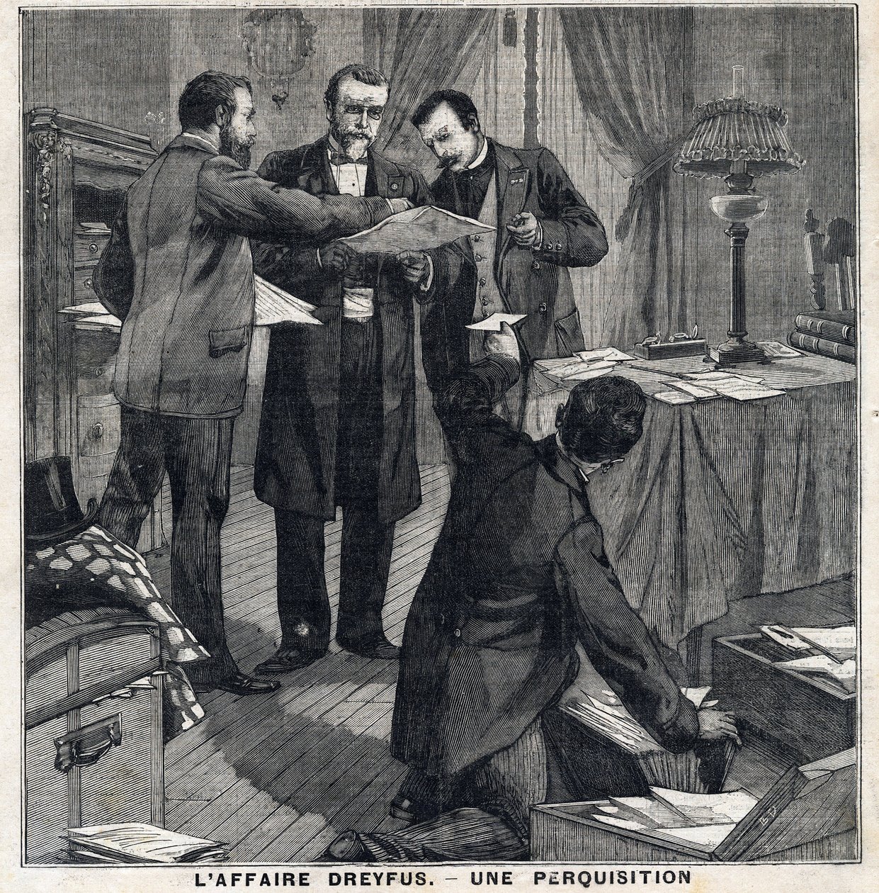 Dreyfus-Affäre: Drei Zivilbeamte und ein Polizeikommissar durchsuchen das Haus von Georges Picquart (1854-1914). In „Le Petit Parisien“ am 05.12.1897. Private Sammlung von French School