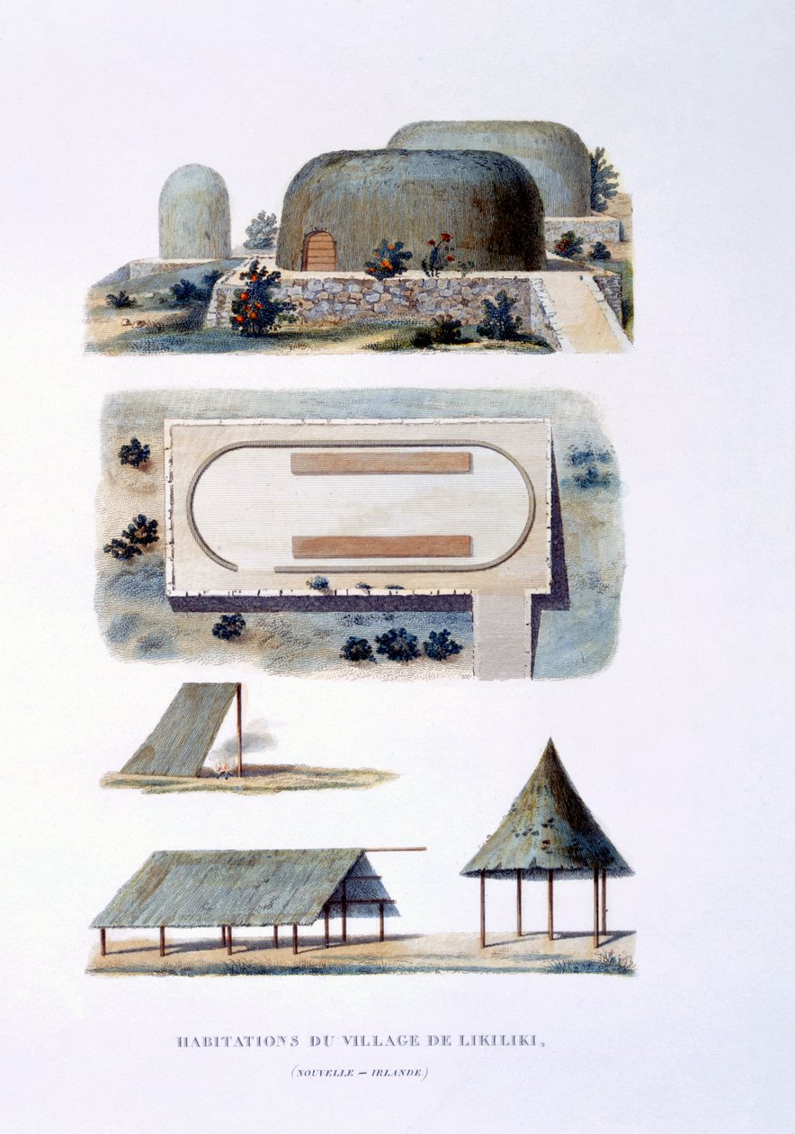 Behausungen im Likiliki-Dorf, Neuirland, 1826 von French School