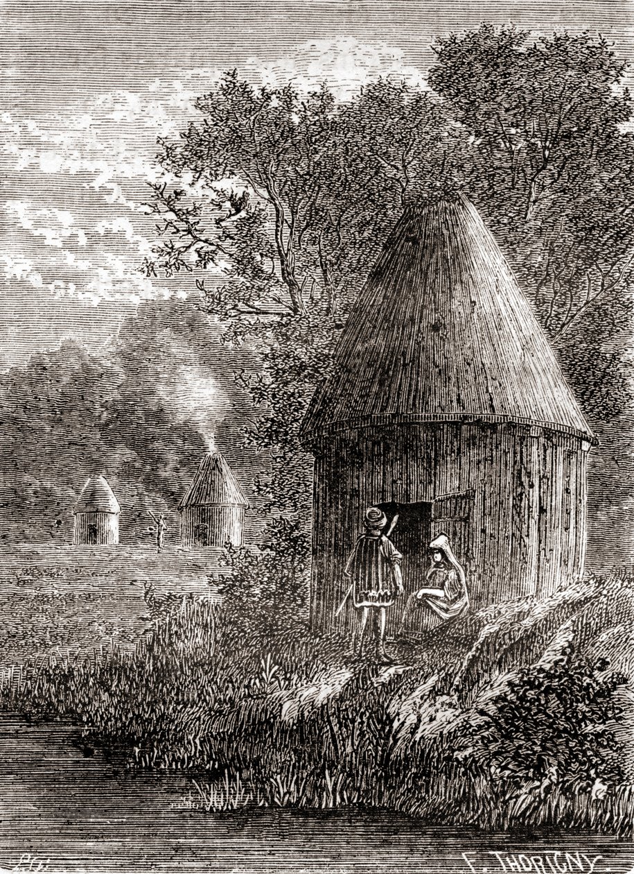 Frühe gallische Häuser, eine runde Hütte mit einem Loch im Dach, um den Rauch des Feuers entweichen zu lassen, aus 