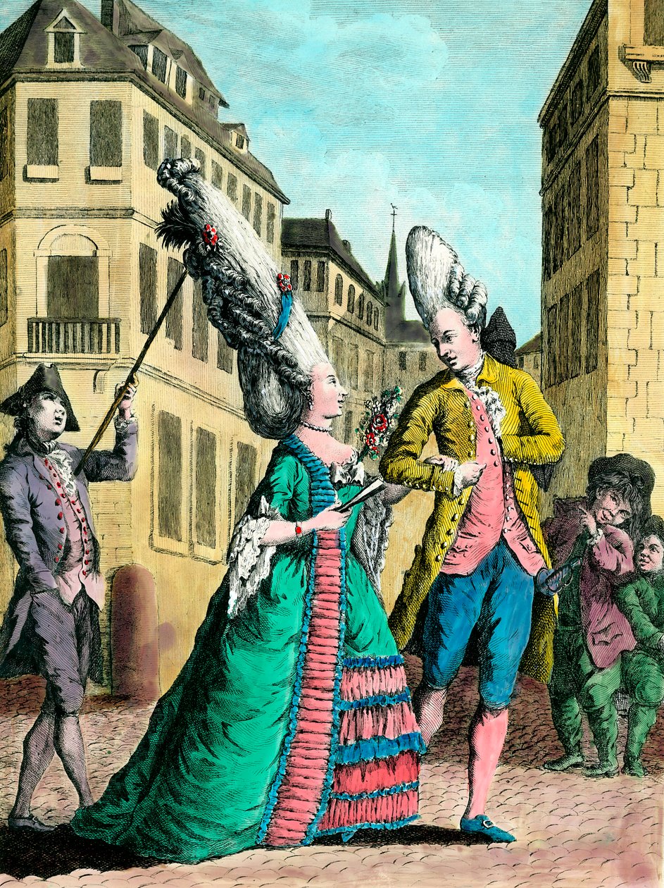 Exzentrische Frisuren im 18. Jahrhundert: die Französin beim Spaziergang. Gravur des 18. Jahrhunderts. Private Sammlung. von French School