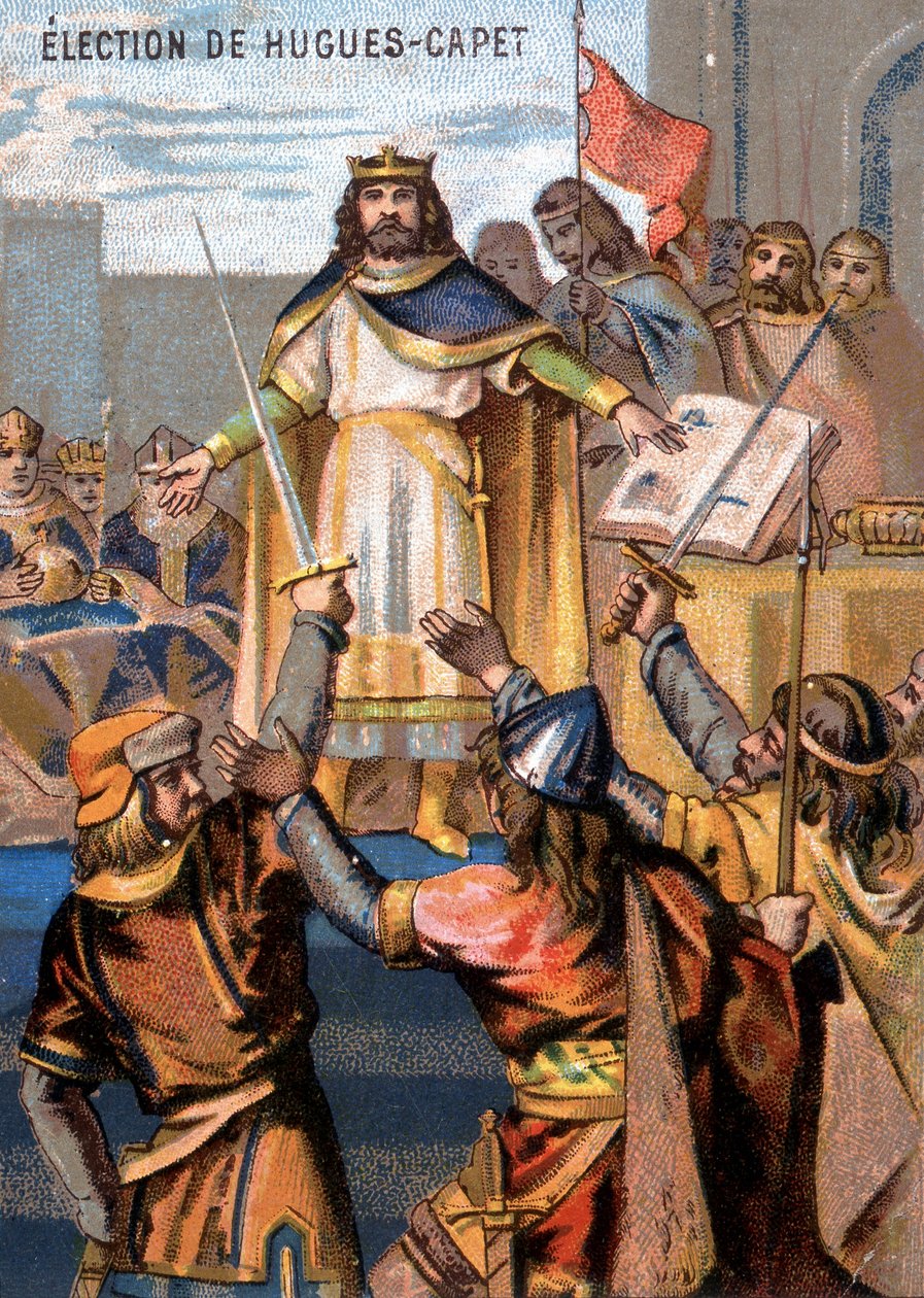Wahl von Hugues-Capet (987) zum König. Chromolithographie der Serie „Patriotische Erziehung durch Bild“ von French School