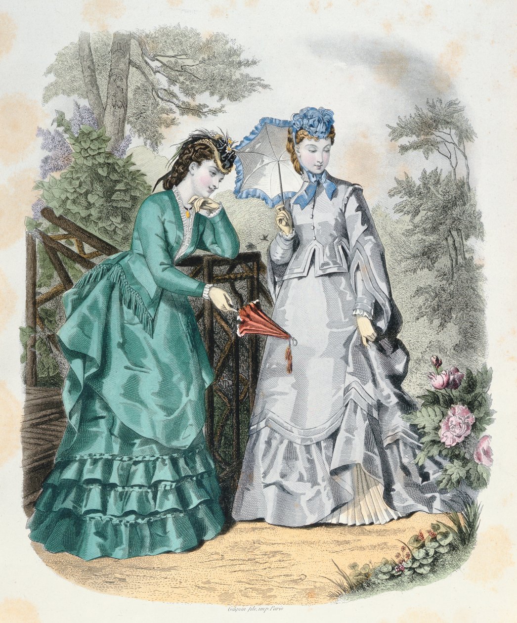 Elegante Frauen in einem Garten, aus La Mode Illustrée, 1871 von French School