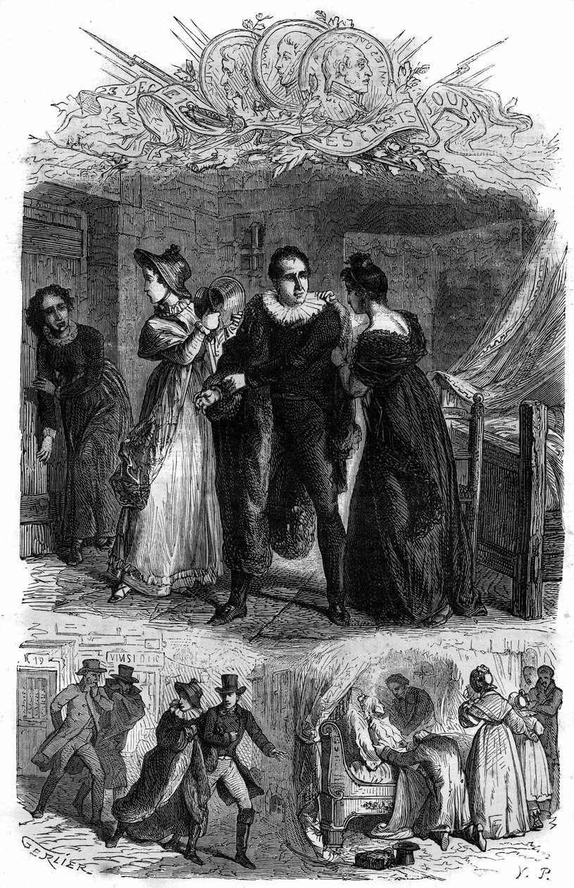 Emilie de Lavalette, bekannt als Madame de la Valletta, ließ ihren Ehemann Antoine Marie Chamans, Graf von Lavalette (1769-1830, Direktor der Post) während der Revolution aus der Concierge fliehen. Gravur in „Histoire des Papes-Rois-Queen and Empereurs“ von French School