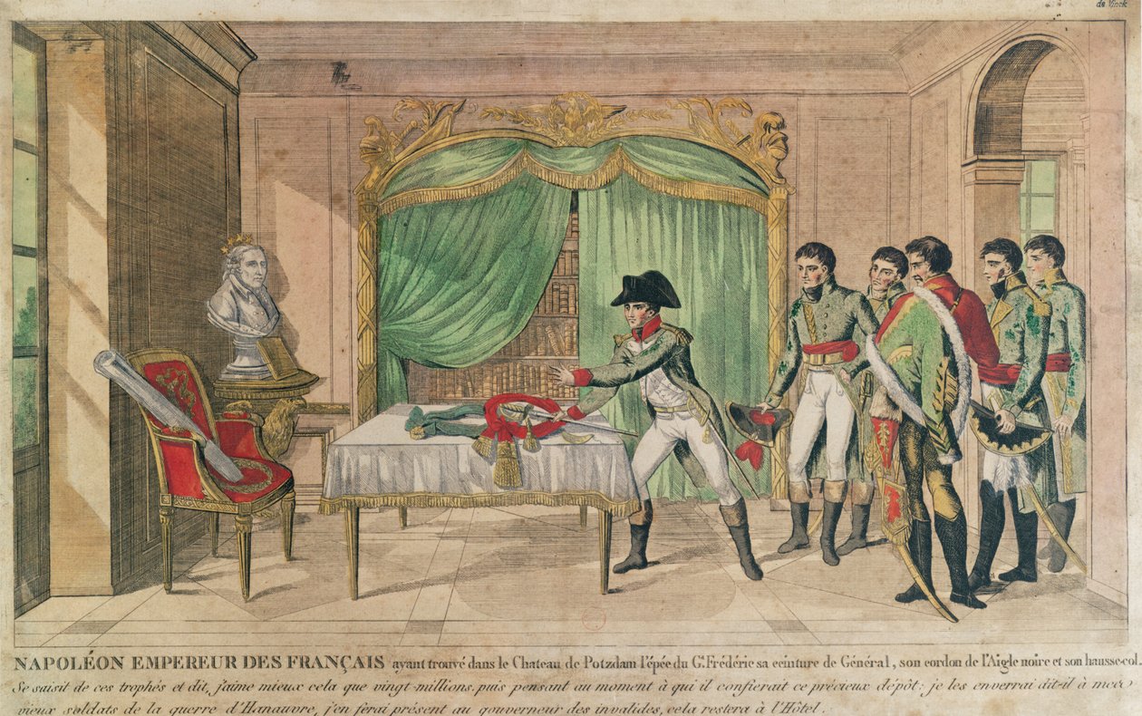Kaiser Napoleon I. betrachtet das Schwert von Friedrich dem Großen in Potsdam, 1806 von French School