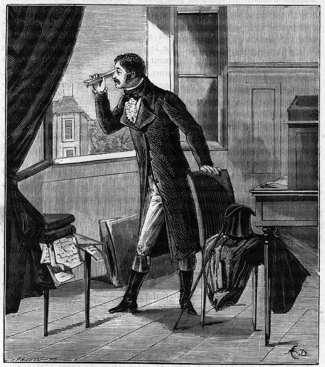 Etienne Louis Malus (1775-1812) beobachtet durch einen Spat die Lichtreflexion des Sonnenuntergangs an den Fenstern von Luxemburg im Jahr 1808 - Etienne-Louis Malus (1775-1812) französischer Offizier, Ingenieur, Physiker und Mathematiker - Gravur in "Wisse von French School