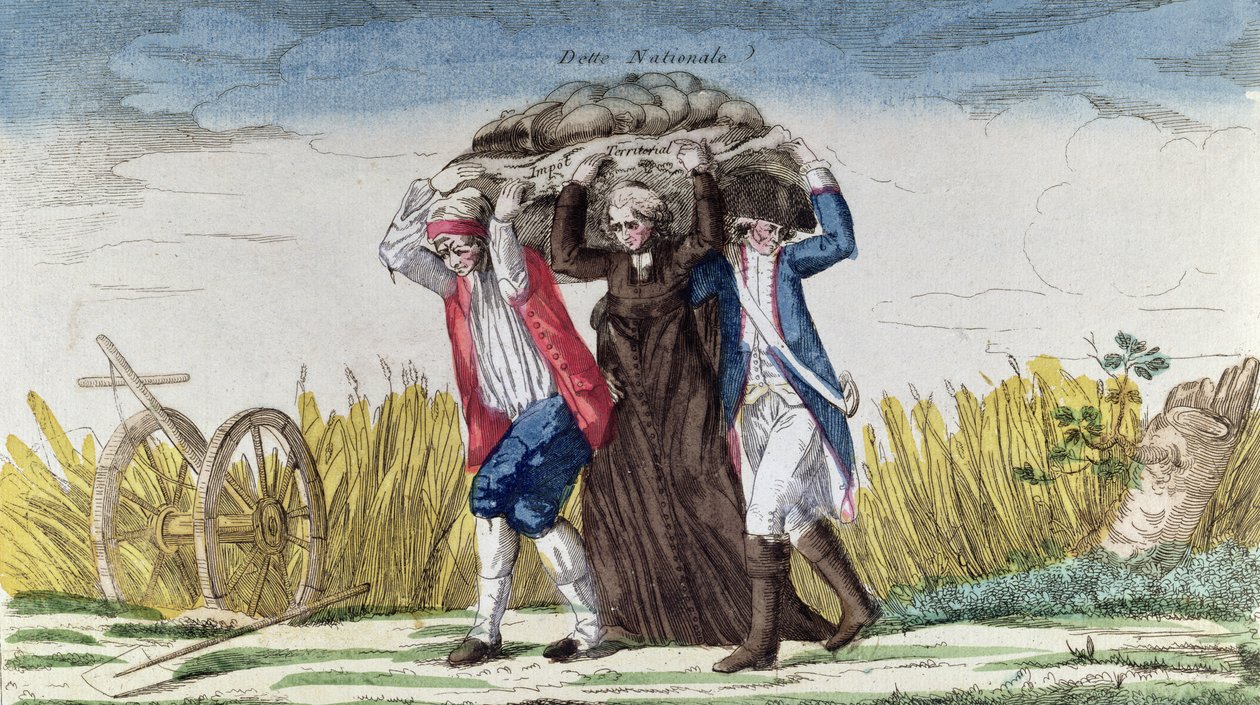 Jeder trägt die Last der Steuern und Staatsschulden, ca. 1789 von French School