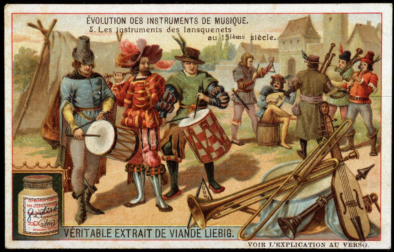 Entwicklung der Musikinstrumente: Die Instrumente der Landsknechte im 15. Jahrhundert. Militärtrommel, Flöte, Triangel, Trompete, eine Art Dudelsack und andere Saiteninstrumente. Späte 19. Jahrhundert Liebig Chromolithographie. von French School
