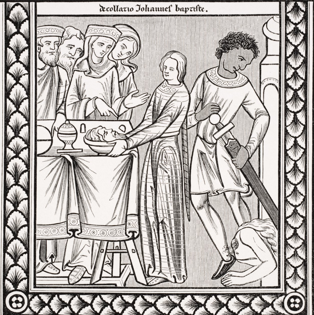 Hinrichtung von Johannes dem Täufer, nach einer Miniatur in einem Psalmenbuch des 13. Jahrhunderts von St. Louis, aus 