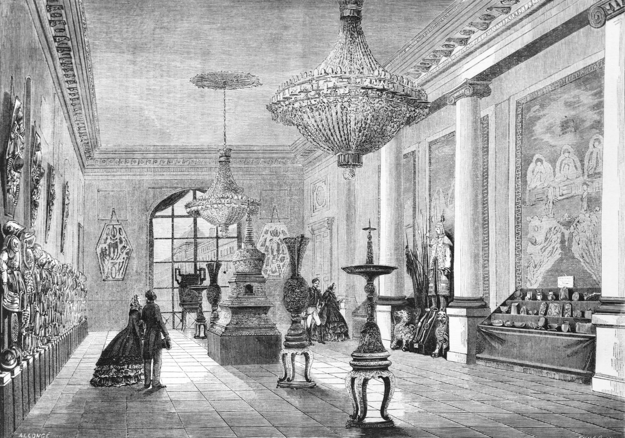 Ausstellung der chinesischen Kuriositäten, die dem Kaiser von der Expeditionsarmee übergeben wurden, Illustration aus Le Monde Illustre, 1861 von French School