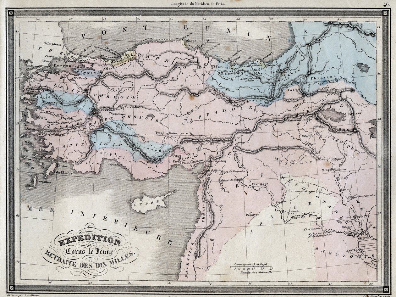 Expedition des Kyros des Jüngeren (5. Jahrhundert v. Chr.) und Rückzug der Zehntausend - Tafel aus dem „Universalatlas der alten und modernen Geographie für Internatsschulen“ von Vuillemin - ca. 1845. von French School