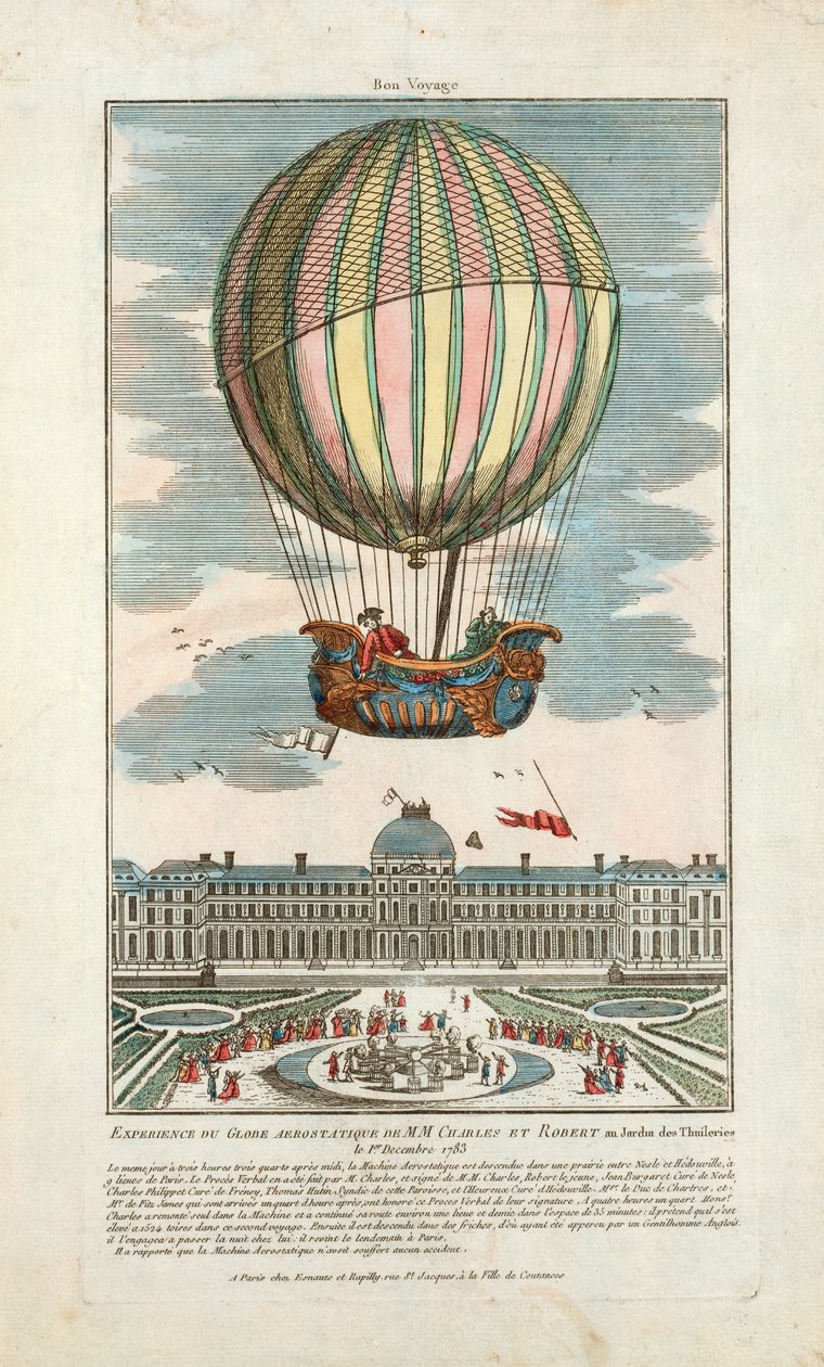 Erfahrung des aerostatischen Globus von MM. Charles und Robert im Jardin des Thuileries am 1. Dezember 1783, veröffentlicht 1783 von French School