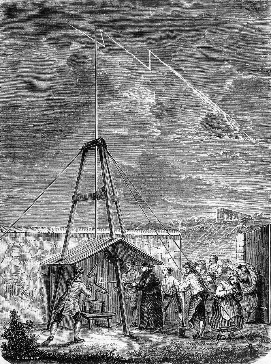 Experiment vom 10. Mai 1752, von Thomas-François Dalibard (1703-1779) in Marly, erste Demonstration der Anwesenheit von Elektrizität in Gewitterwolken - Gravur von French School