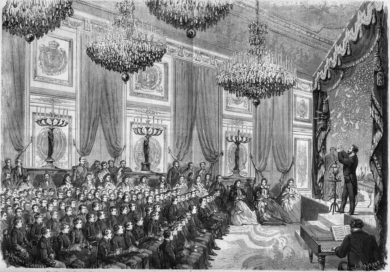 Physikalische Experimente durchgeführt von Henri Robin (ca. 1803-1874) zu Ehren der besten Schüler der Gymnasien von Paris, eine Vorstellung, die vom Prinzenimperial im Palais des Tuileries am 27. Januar 1865 angeboten wurde. Anwesend sind: der Prinzenimpe von French School