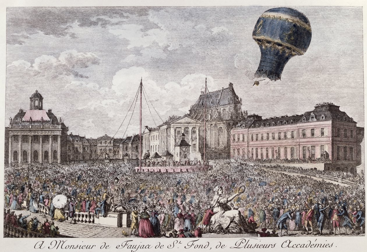 Experiment in Versailles der Brüder Montgolfier mit dem Flug eines Hahns, einer Ente und eines Schafs in einem Montgolfiere-Heißluftballon am 19. September 1783 von French School