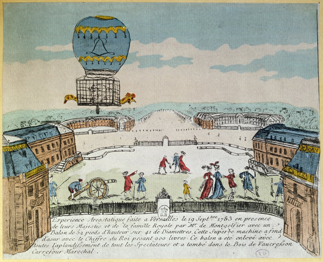 Experiment in Versailles der Brüder Montgolfier mit dem Flug eines Hahns, einer Ente und eines Schafs in einem Montgolfiere-Heißluftballon am 19. September 1783 von French School