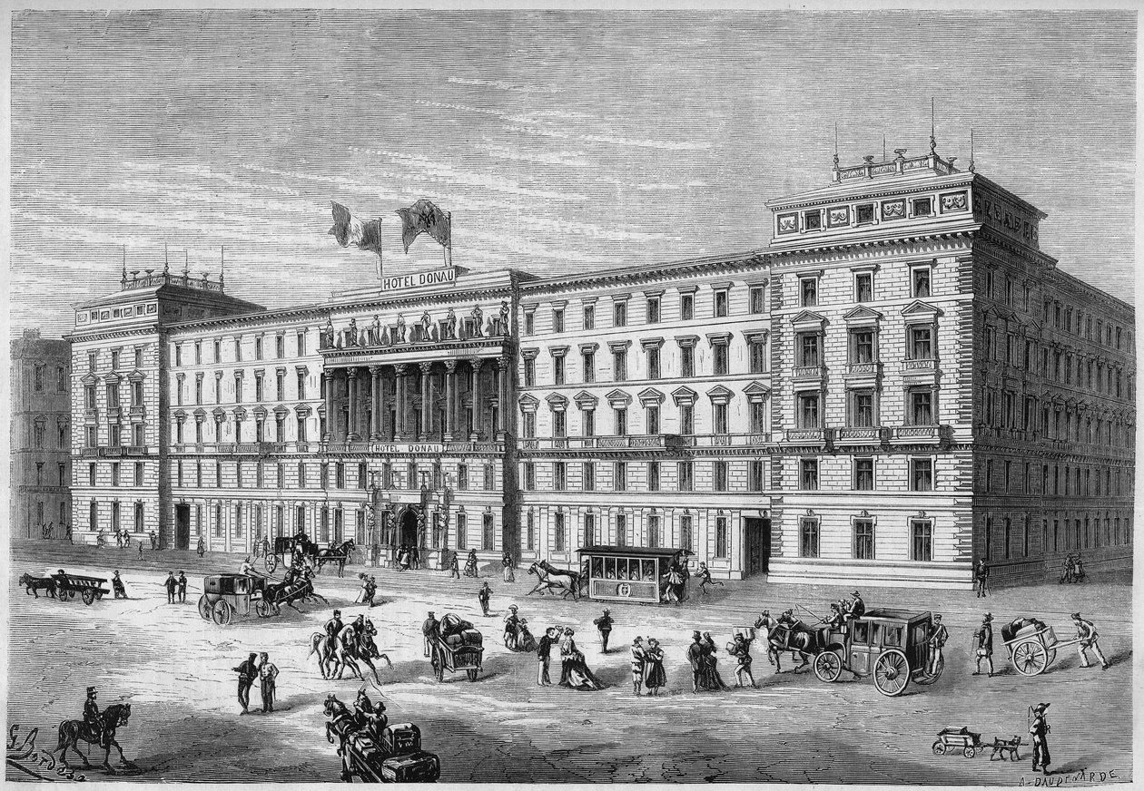 Außenansicht des Hotels Donau in Wien, Österreich von French School