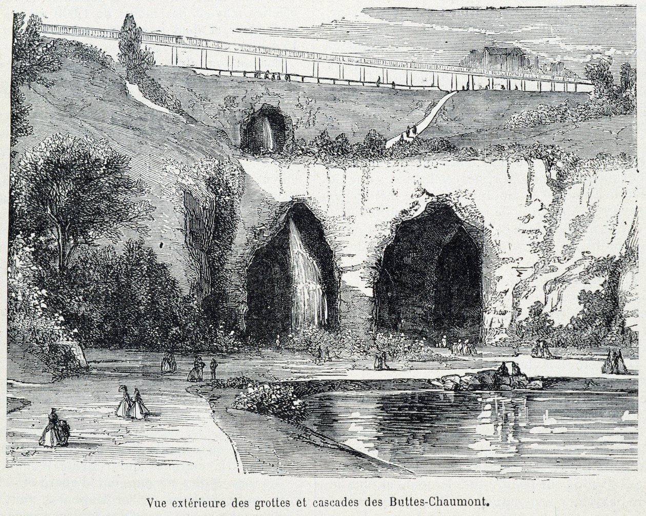 Außenansicht der Kaskaden und Höhlen der Buttes Chaumont, Gravur 19. Jahrhundert von French School