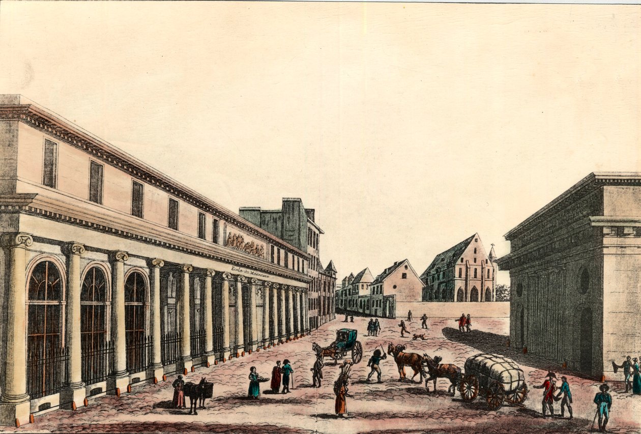Außenansicht der medizinischen Schule in Paris unter dem Konsulat (1799-1804). Gravur des 19. Jahrhunderts. Private Sammlung. von French School