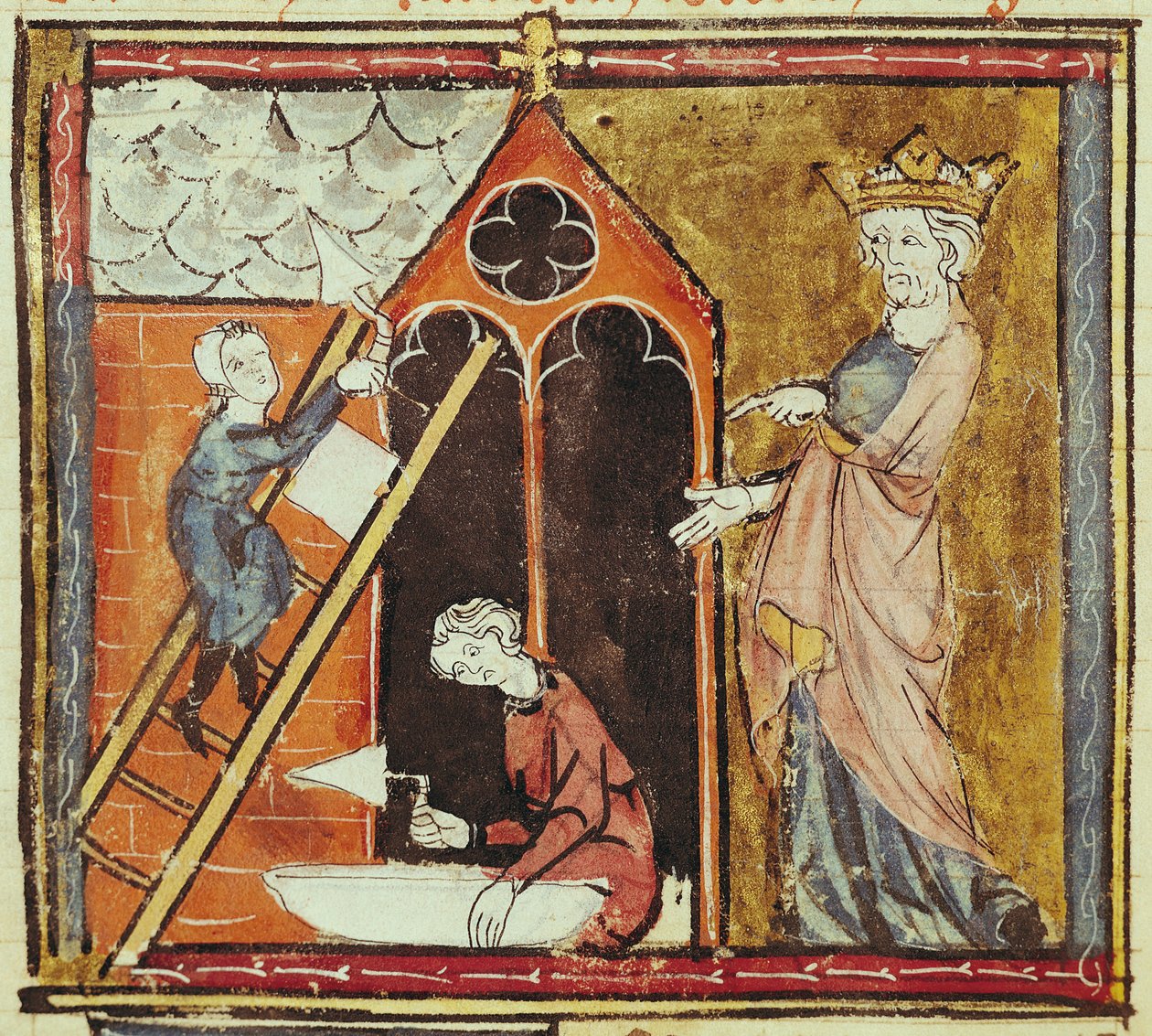 F.235v König Ludwig VI. (1080-1137) beobachtet den Bau einer Kirche, aus den Grandes Chroniques de France, 1375-79 von French School