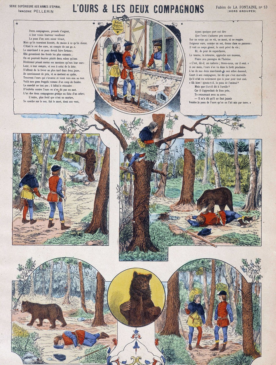 Fabel von La Fontaine: Der Bär und die zwei Gefährten - Bild von Epinal, ed. Pellerin, Ende des 19. Jahrhunderts von French School