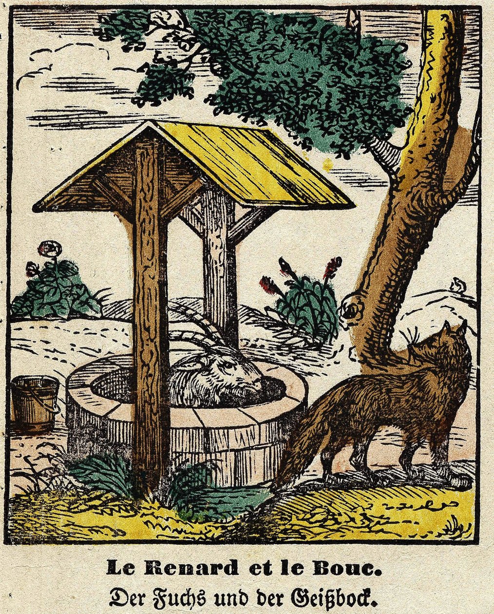 Fabeln von La Fontaine: Der Fuchs und das Gute. Bild von Epinal, erste Hälfte des 19. Jahrhunderts von French School