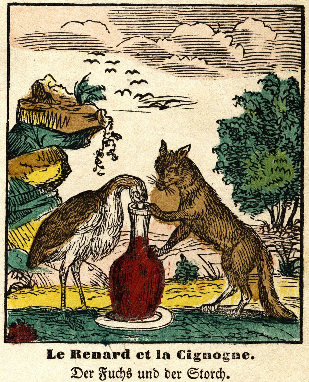 Fabeln von La Fontaine: Der Fuchs und der Storch. Epinal-Bild, erste Hälfte des 19. Jahrhunderts von French School