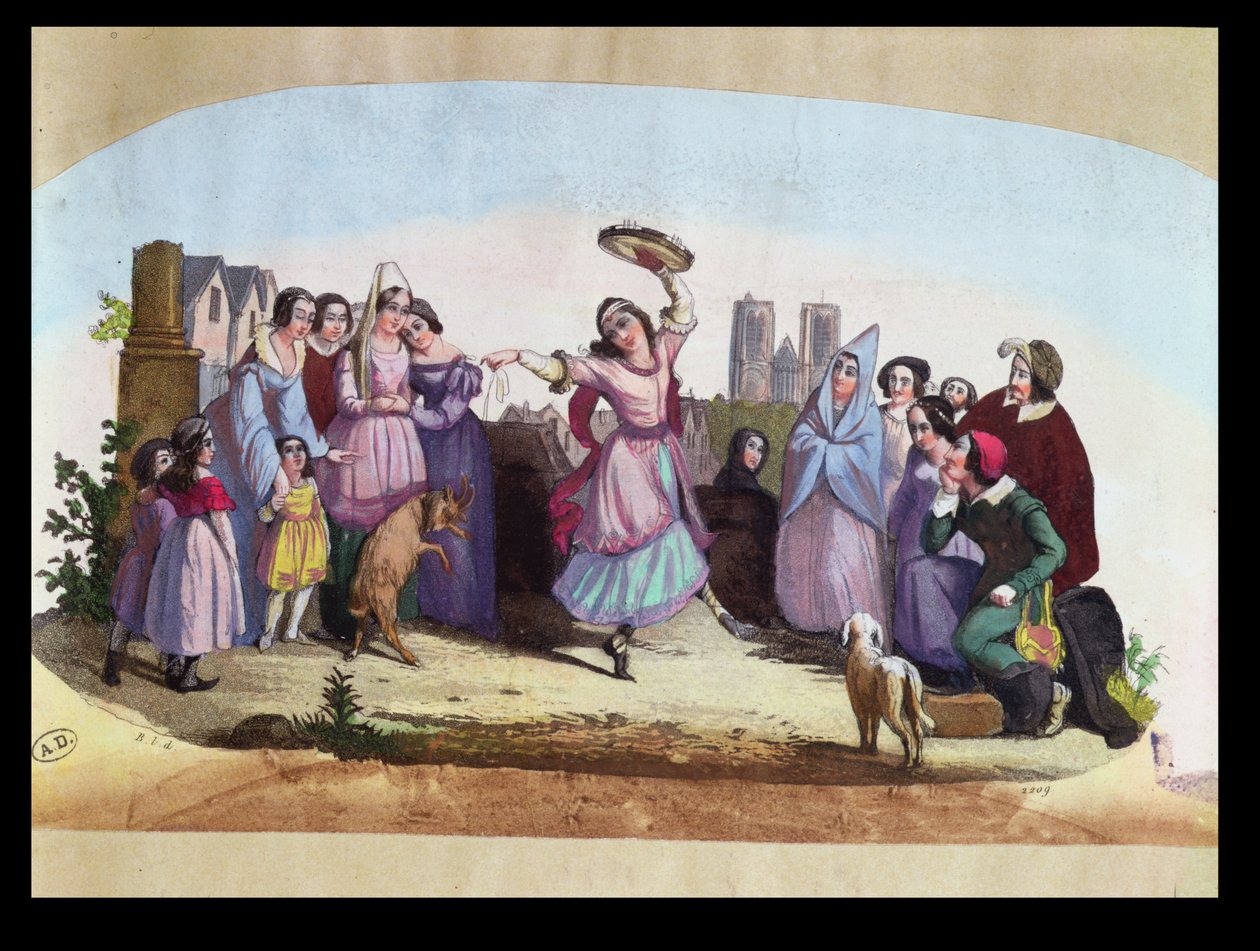 Fandesign, das eine Szene aus La Esmeralda, einer Oper von Louise-Angélique Bertin (1805-77) nach dem Roman von Victor Hugo (1802-85) um 1836 darstellt von French School