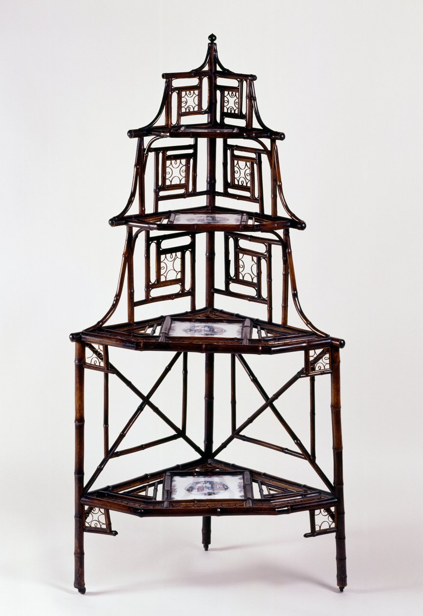 Fernost-Stil Zweites Kaiserreich (Napoleon III) Bambus-Etagere-Pflanzenständer mit französischen Majolikafliesen und vier Ebenen, 2. Hälfte des 19. Jahrhunderts, Frankreich von French School