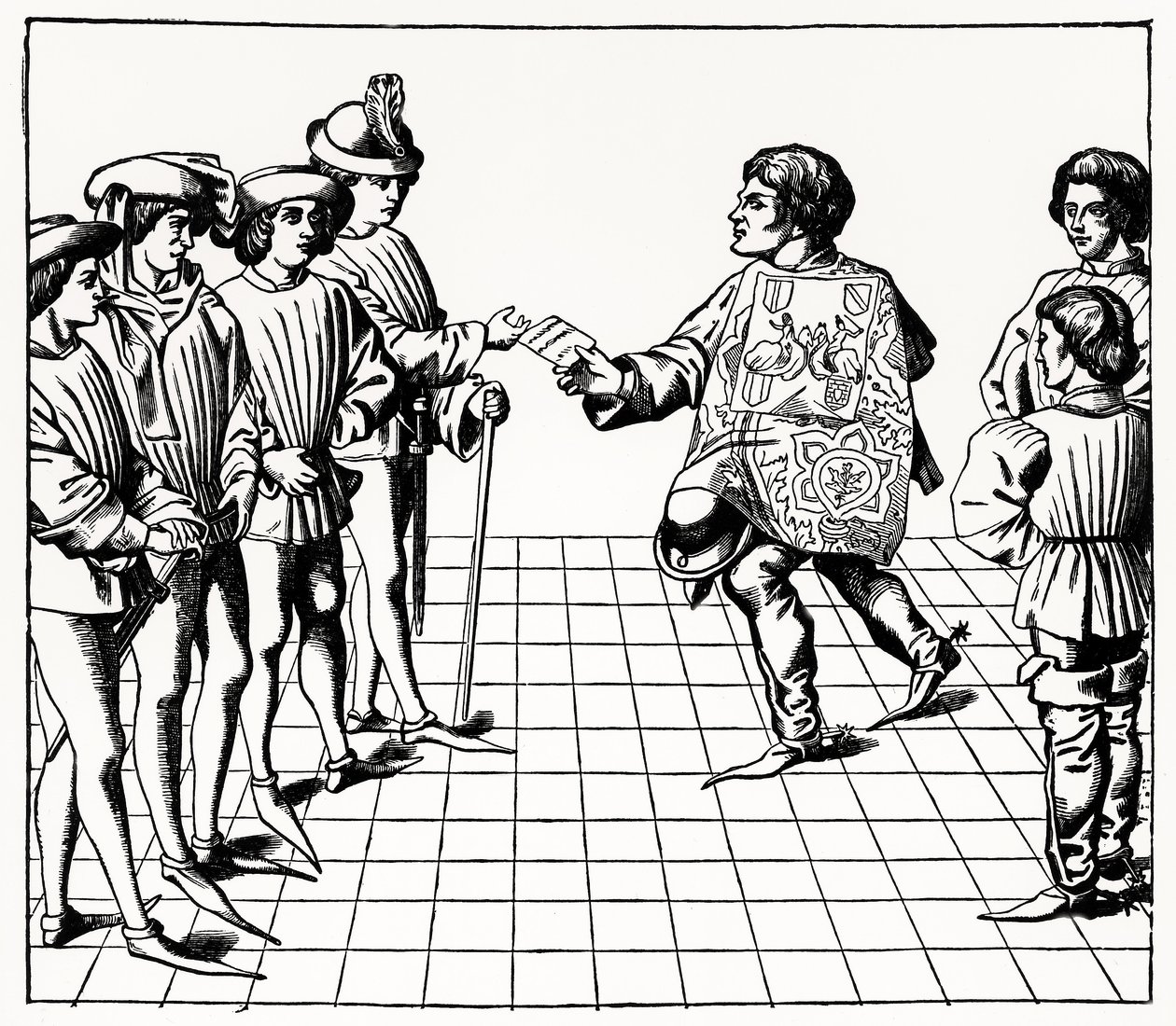 Mode und Manieren des Königs der Waffen, aus den Tournois du roy Rene, geschrieben und graviert von Paul Lacroix, 1878 von French School