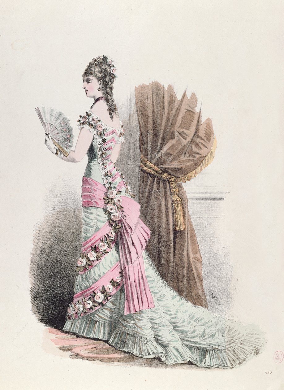 Modeplatte einer Frau im Abendkleid mit Fächer, 1877 (Farbstich) von French School