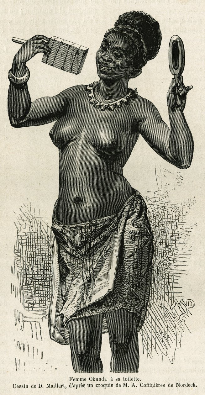 Frau Okanda bei ihrer Toilette, Zeichnung von D. Maillard zur Illustration der Geschichte einer Reise nach Gabun und zum Ogowe-Fluss in den Jahren 1875-1877 von Alfred Marche. Gravur in Le Tour du monde von French School