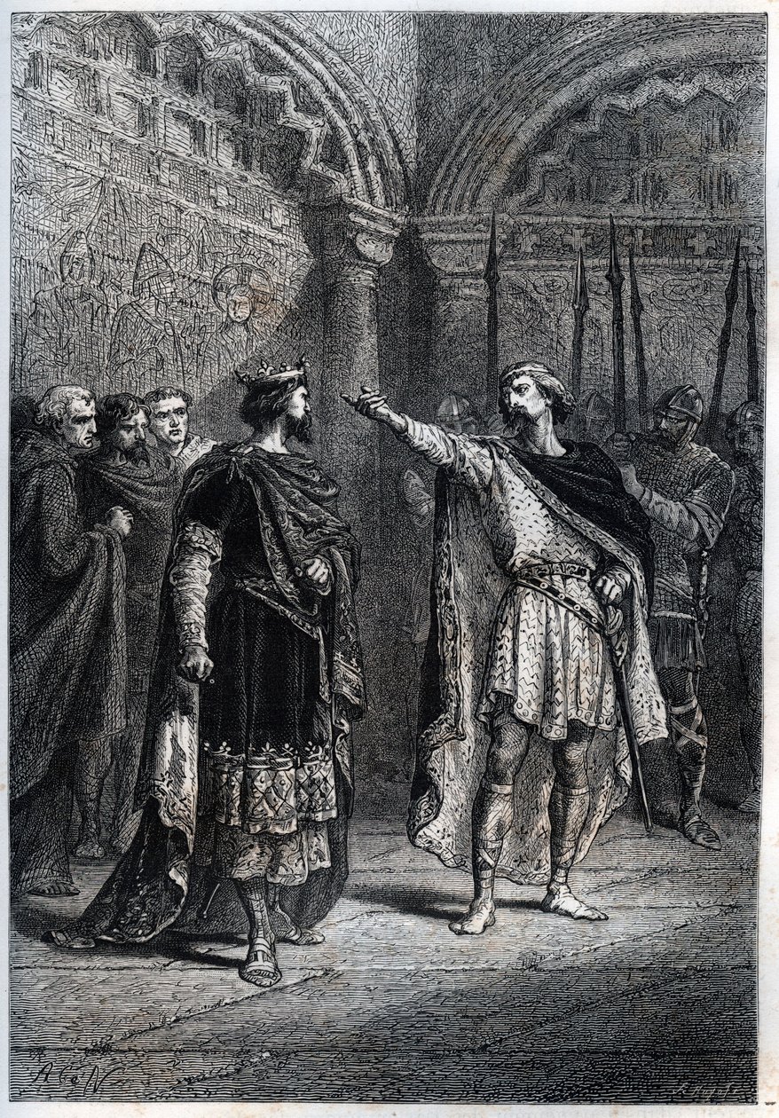 Feudalsystem: „Wer hat dich zum König gemacht?“ : Audebert (Adalbert), Graf von Périgord (968-995), antwortet König Hugues Capet (938-996) frech, der ihn fragte, wer ihn zum Grafen gemacht habe - Gravur aus „Histoire de France“ von Guizot von French School