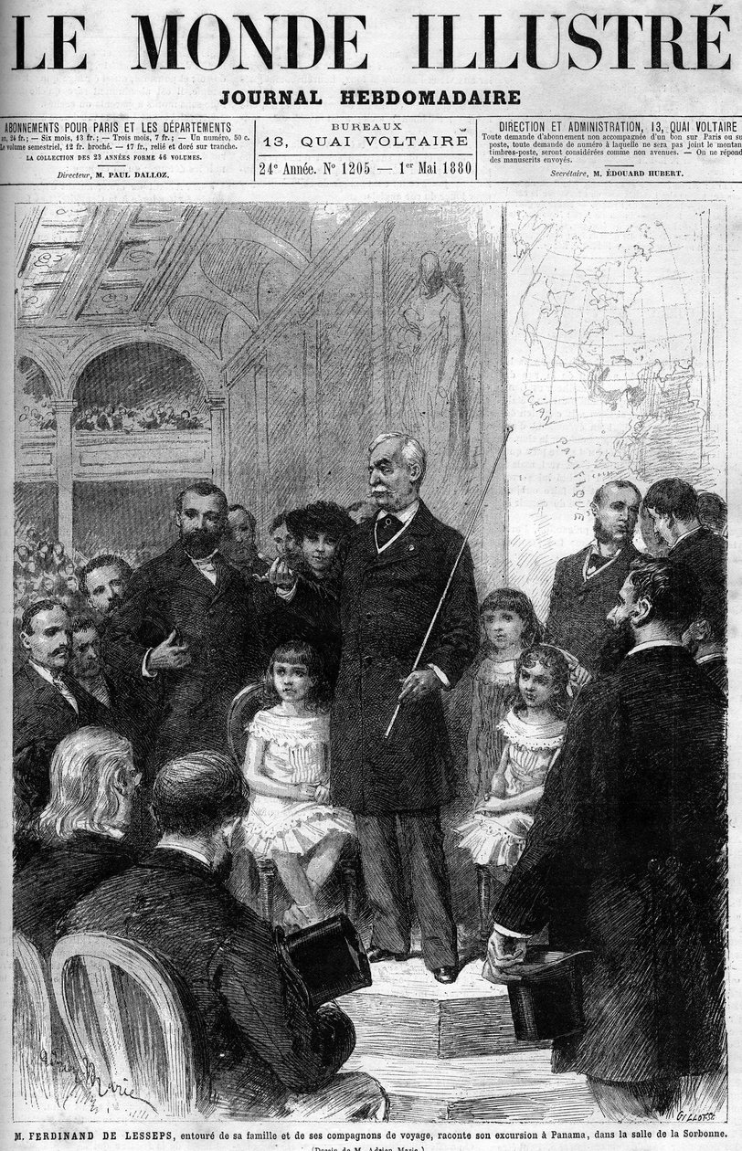 Ferdinand de Lesseps ist umgeben von seiner Familie und seinen Reisegefährten und erzählt von seiner Reise nach Panama im Salle de la Sorbonne. Titelblatt der „Illustrous World“ von 1880 von French School