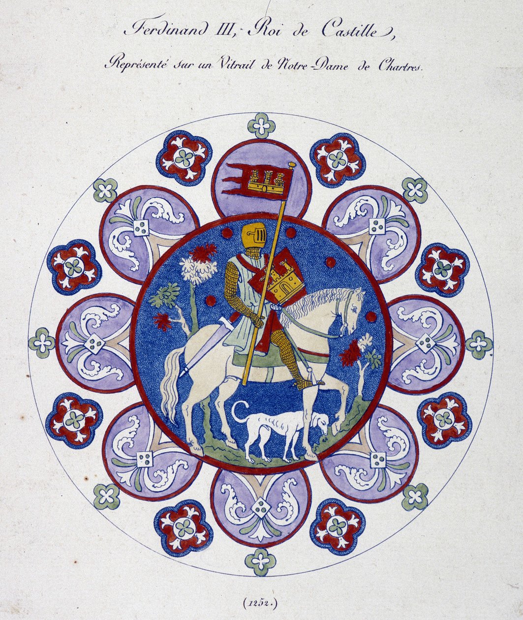 Ferdinand III., König von Kastilien, dargestellt auf einem Glasfenster von Notre Dame de Chartres (1252). College-Simile. von French School