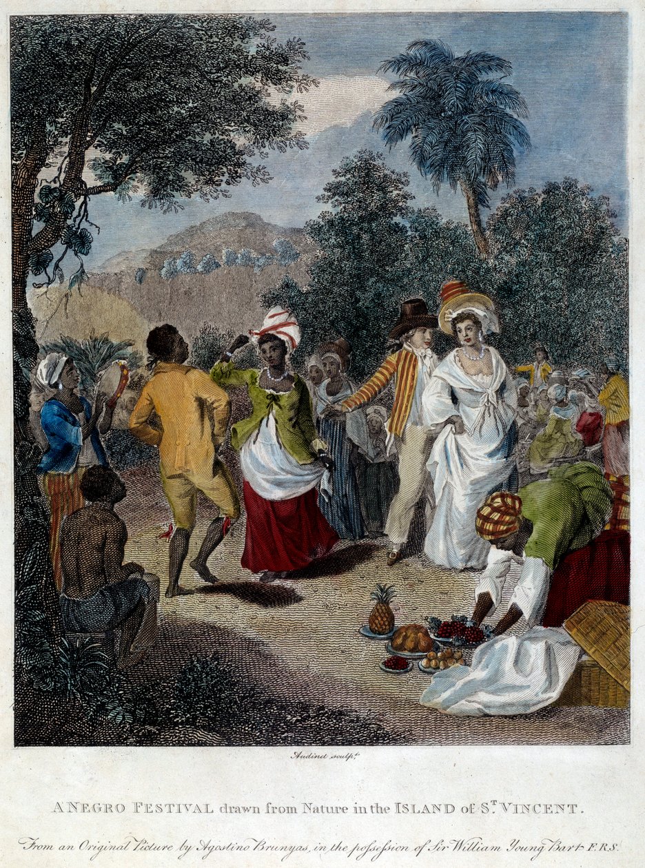 Schwarzes Fest auf der Insel Saint Vincent (Mittelamerika, Antillen). Gravur des 19. Jahrhunderts von French School