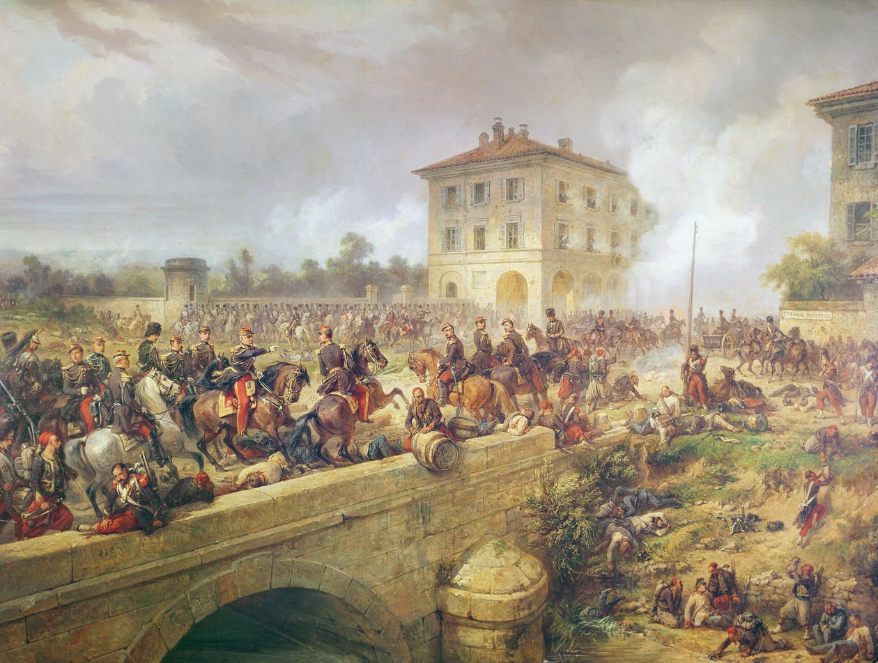 Kämpfe an der Brücke von Boffalora während der Schlacht von Magenta, 4. Juni 1859, ca. 1859 von French School