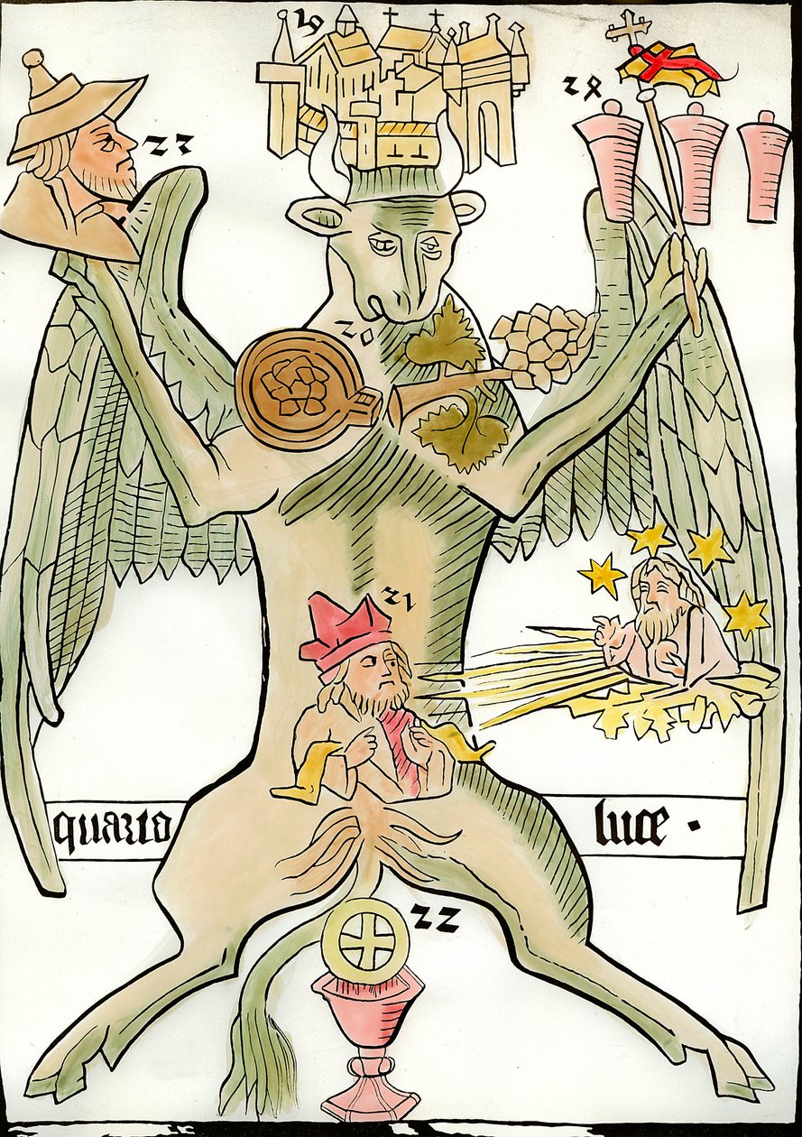 Figur, die den Evangelisten Lukas symbolisiert: ein Stier, der mit der Stadt Jericho (oder Jerusalem) assoziiert wird, eine Traube, ein Prophet, der Christus des Jüngsten Gerichts erscheint mit Sternen und Sonnenstrahlen, ein Porträt eines Juden, ein Kelch von French School