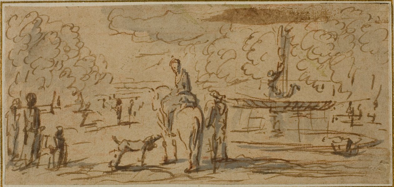 Figuren zu Fuß und zu Pferd in einem Park von French School