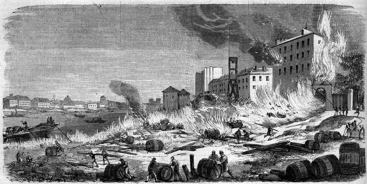 Brand der Weinkeller von Bercy am 5. August 1860. Gravur in „Le Monde Illustré“ Nr. 174 vom 11. August 1860. von French School