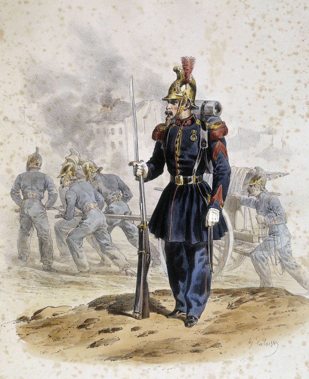 Feuerwehrleute um 1860 - Zeichnung von Lalaisse, Arts Deco von French School