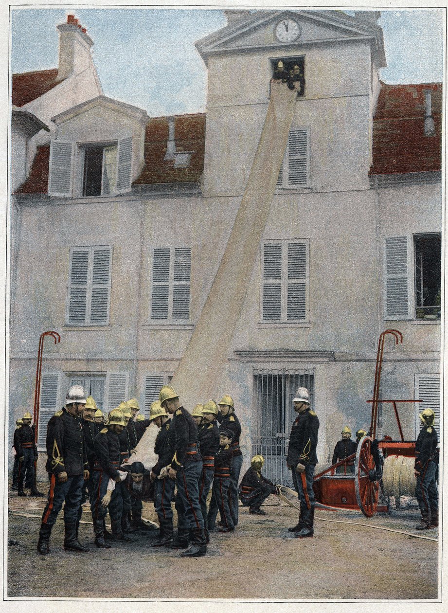 Feuerwehrleute von Paris. Die Rettung hat Vorrang. Das Klettern, um in die Nähe der Katastrophen zu gelangen, erfolgt sofort mittels Haken, Stuhlknoten oder des Rettungssacks, der vom Pumpenleiter und dem ersten Diener montiert wird. Die Pioniere unten unt von French School
