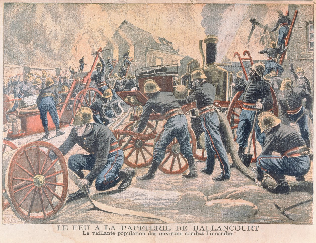 Feuerwehrmänner bekämpfen einen Brand in einer Papierfabrik in Ballancourt, aus Le Petit Journal, 1905 von French School