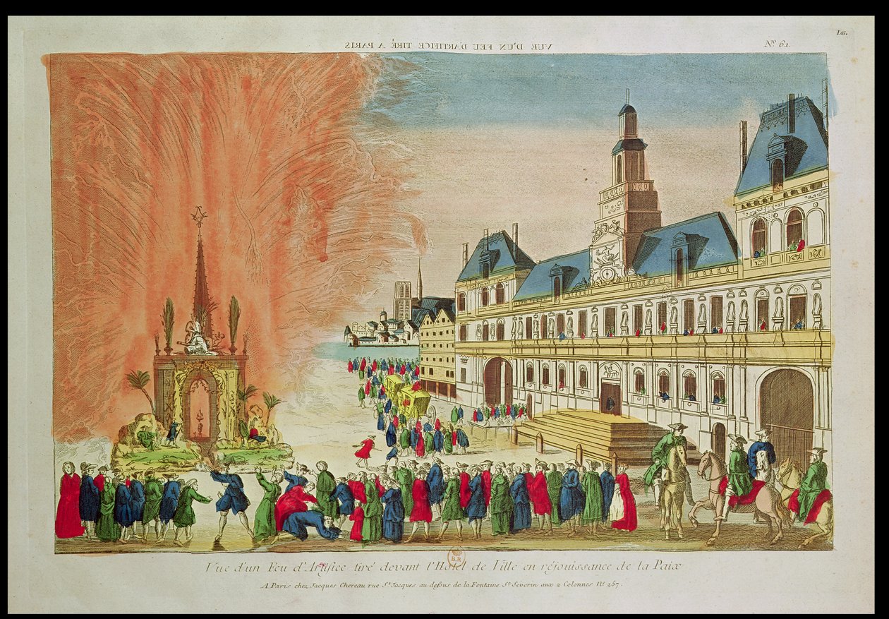 Feuerwerk vor dem Hôtel de Ville in Paris zur Feier des Friedens von Versailles, 1783 von French School