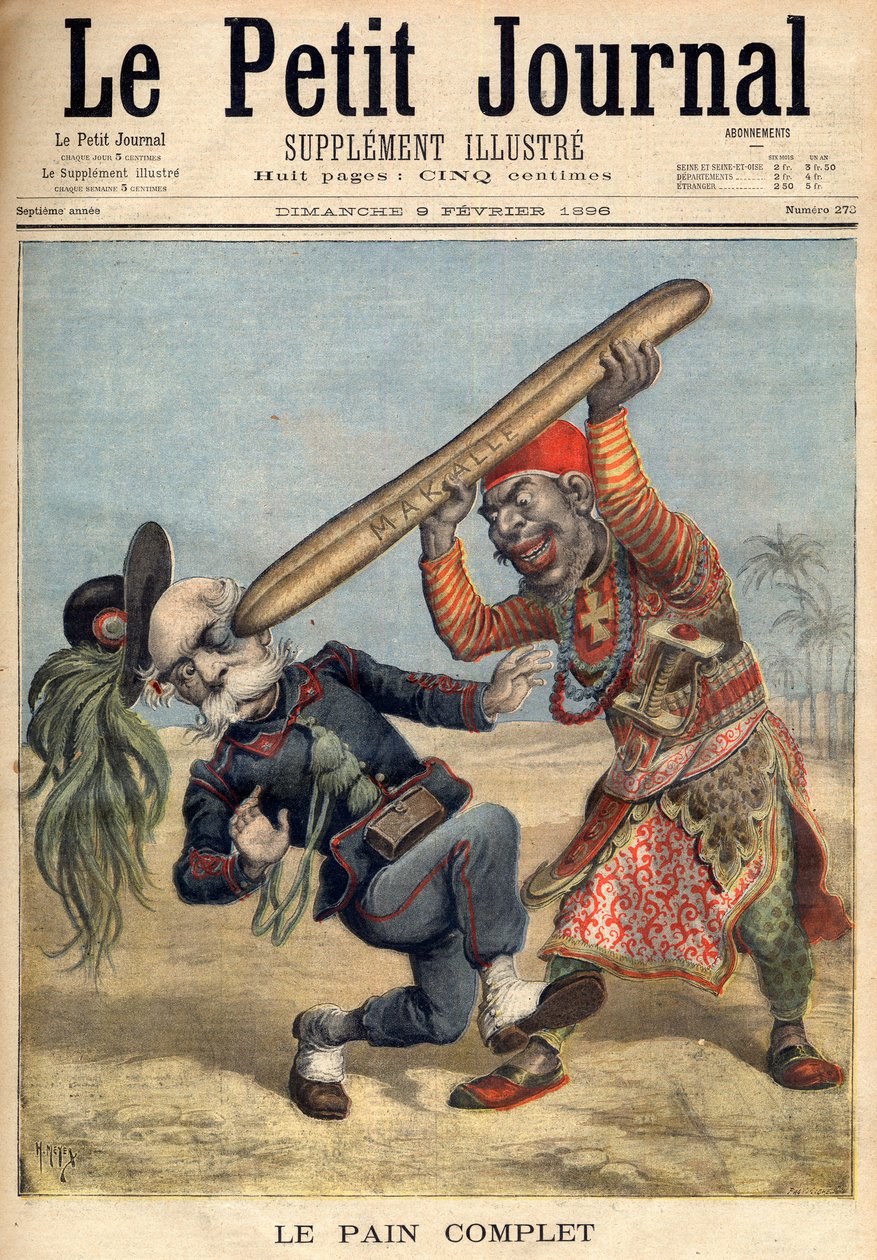 Erster Italienisch-Äthiopischer Krieg - Karikatur von Francesco Crispi (1818-1901) und die Niederlage der italienischen Invasionsarmee bei der Belagerung von Makalle, Äthiopien - in „Le Petit Journal“ vom 09.02.1896 (Gravur). von French School